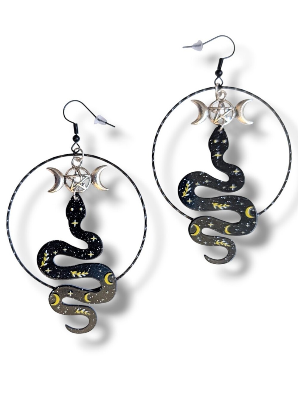 NWT Handmade Large Black Snake Silver Pentacle And Hoop Earrings
